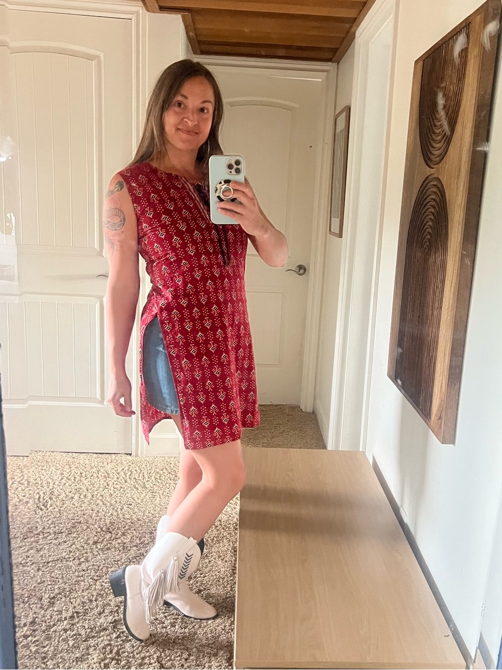 Sleeveless Red Printed Lace Up Shift Tunic Dress Shirt Small